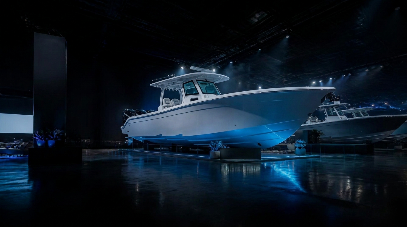 A luxury yacht on display at a premium boat show exhibit in a darkened hall